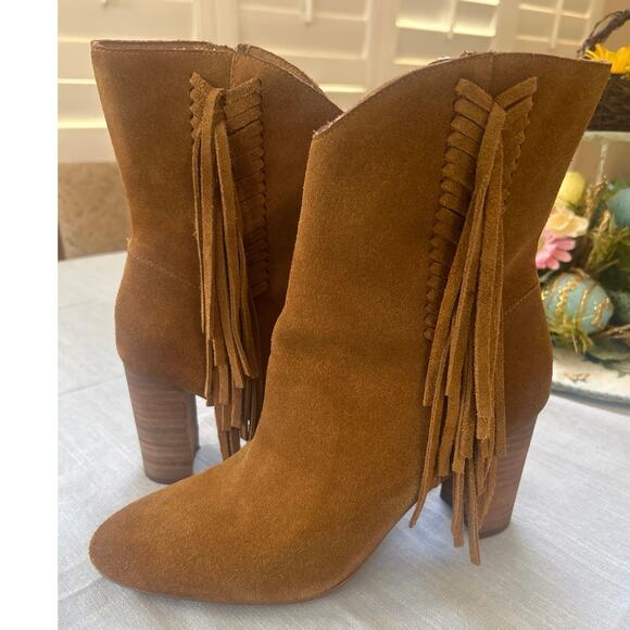 Vtg Charles David Boulder Suede Leather Camel Western Fringe Bootie Boots SZ 7 - Picture 1 of 11
